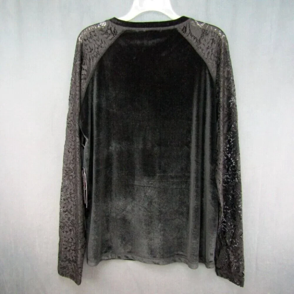 Cowgirl Tuff Black Velvet Long Lace Sleeve Top Womens Size L Velour New Tag - Picture 4 of 10